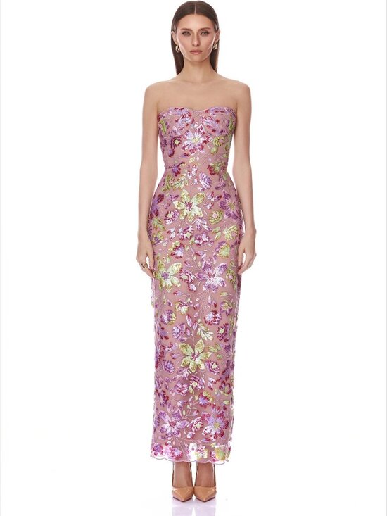 Bronx and Banco Dresses & Skirts - Bronx & Banco Dahlia Embroidery Sequin Strapless Maxi Dress in Pink Green Multi